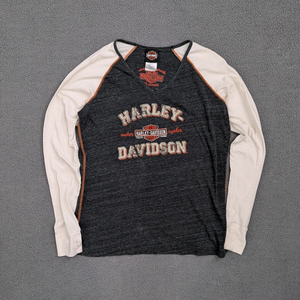 Harley-Davidson Womens XL Raglan V-Neck Long Sleeve Tee Charcoal Thumbholes